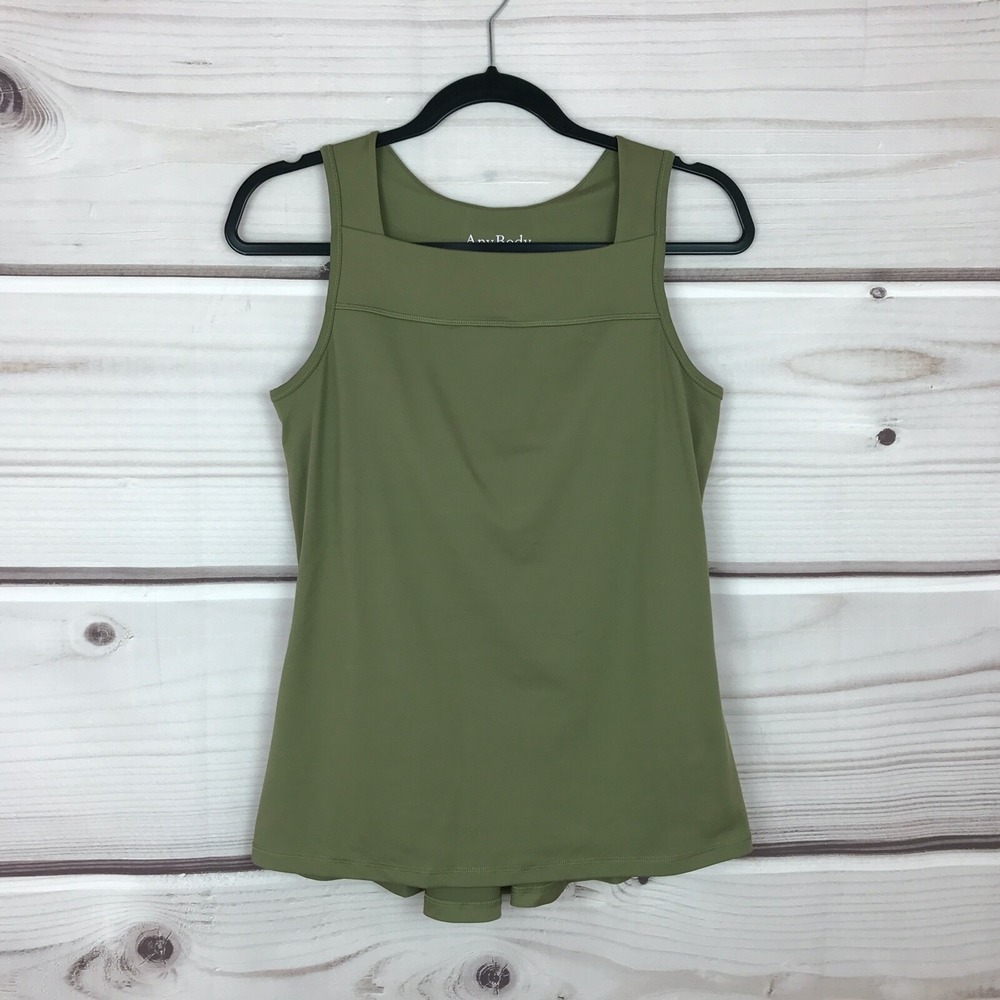 AnyBody Top Womens XS Green Tank Move Stretch Jersey Shelf Bra Square Neck Solid
